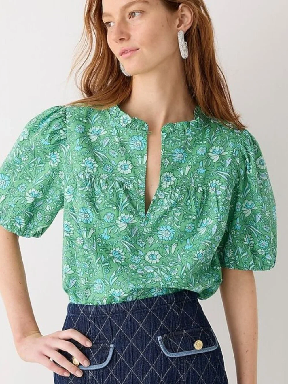J.Crew Green Marigold Blooms Ruffle-Trim Short-Sleeve Top Medium 8681